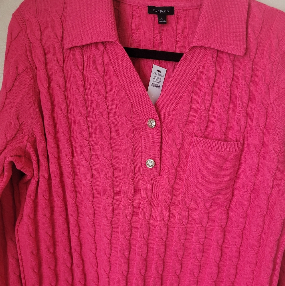 Talbots Pink Cable-Knit Polo Sweater - Picture 4 of 7